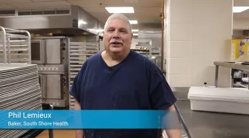 Phil Lemieux, Baker at South Shore Health, discusses his job in a kitchen setting.